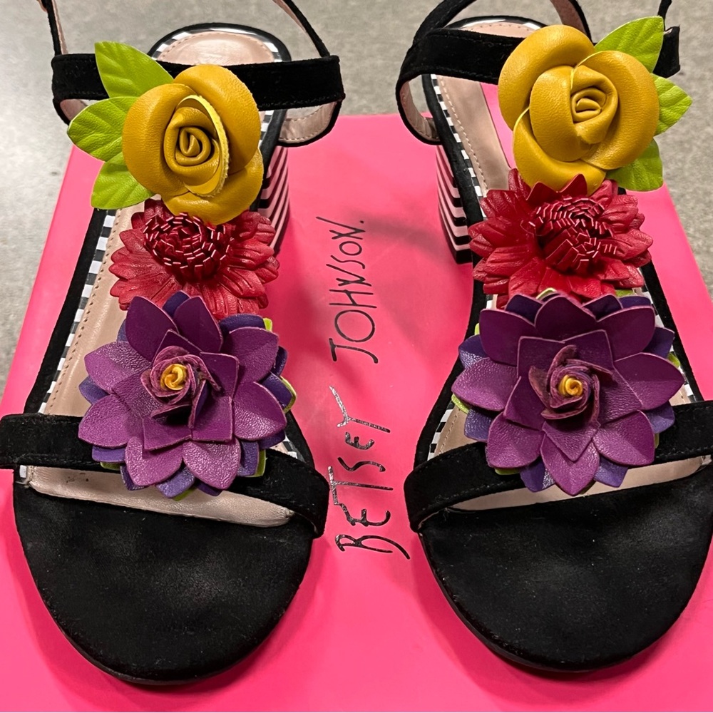 Betsey Johnson Black Sandals with Colorful Floral Accents - Picture 3 of 12